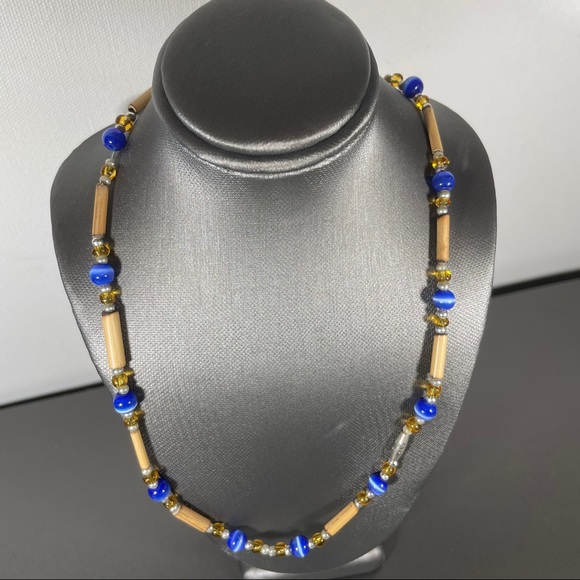 Blue Cat Eye Men’s Tribal Bead Wooden Necklace - Picture 4 of 5